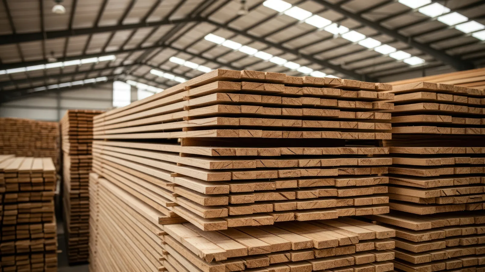 Stacks of neatly arranged wooden planks stored inside a large industrial warehouse with a high ceiling.