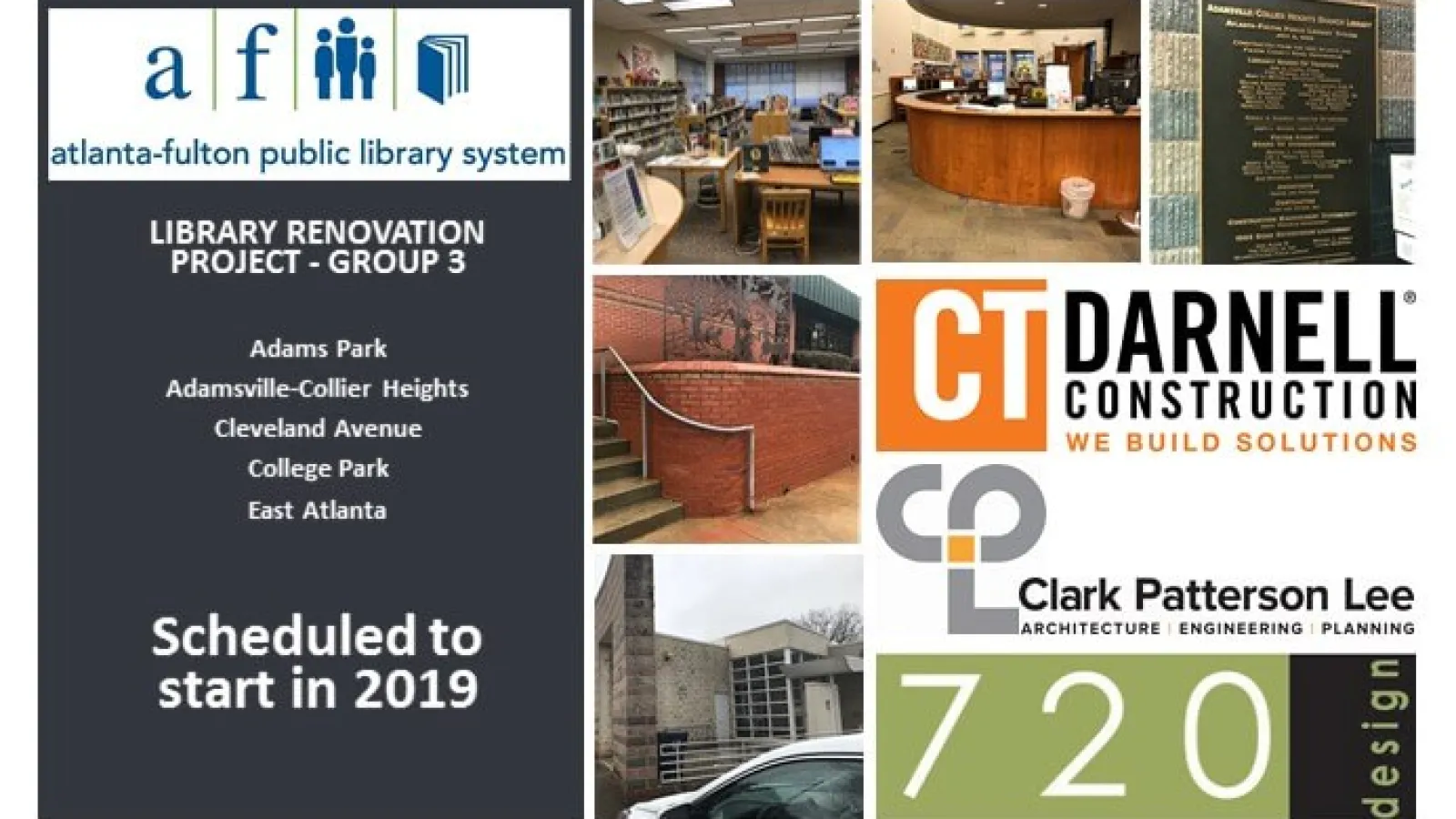 Atlanta-Fulton Public Library scheduled 2019 renovations with images of libraries and construction logos.