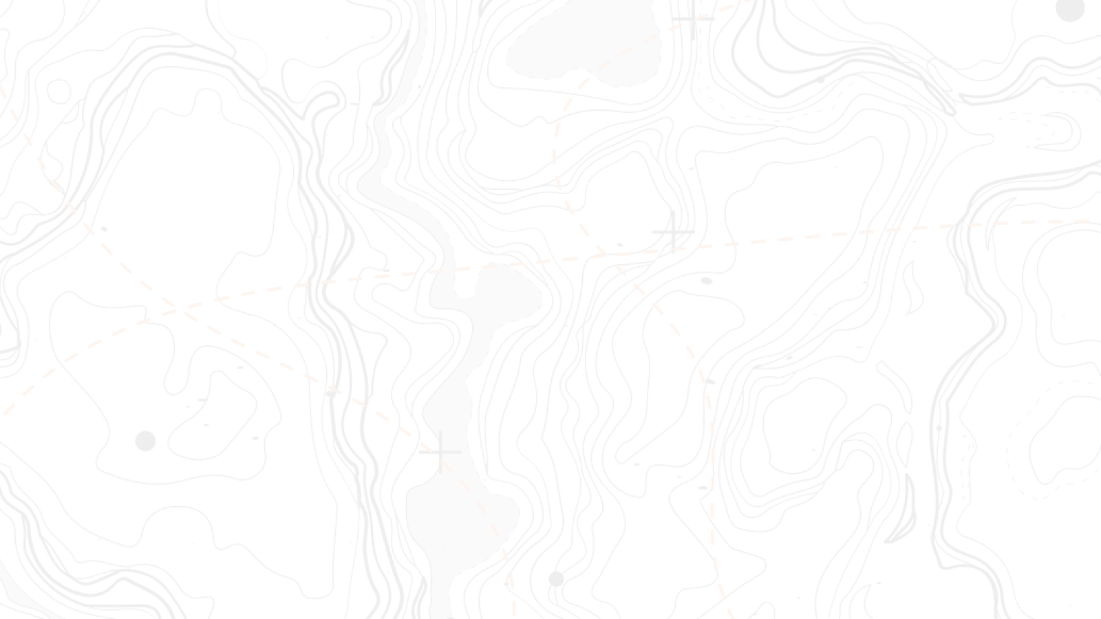 Topographic map with black background, brown elevation areas, and orange dashed hiking trails.