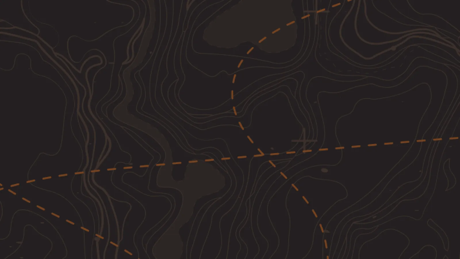 Dark topographic map background with orange contour lines and dashed paths