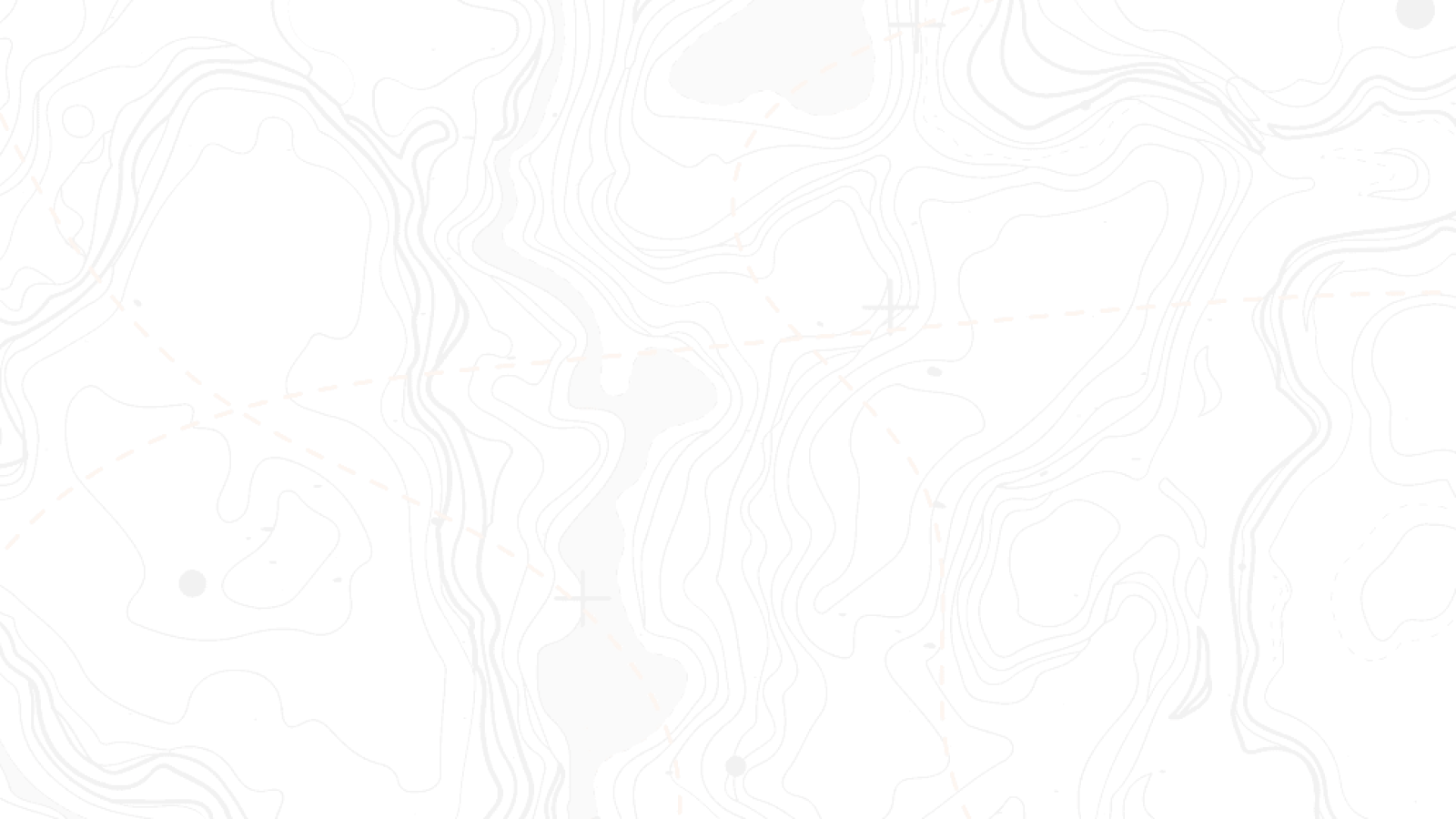 Black topographic map with contour lines and dashed orange trails highlighting terrain features.