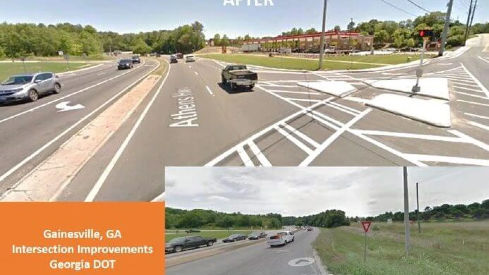 Comparison of Gainesville GA intersection before and after road improvements by Georgia DOT with added lanes and markings
