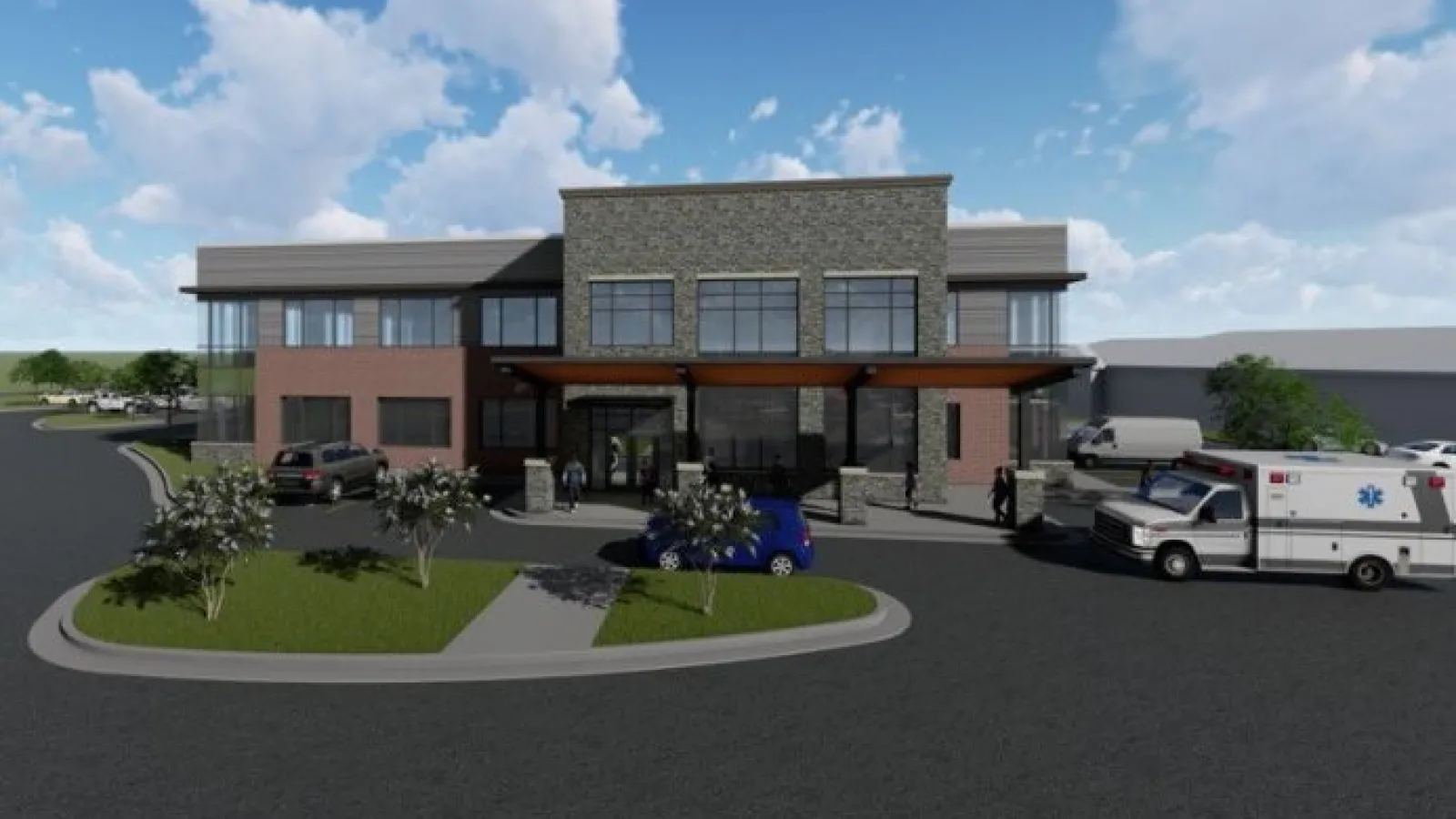 Modern two-story medical facility with ambulance, cars, and landscaped entrance under blue sky.