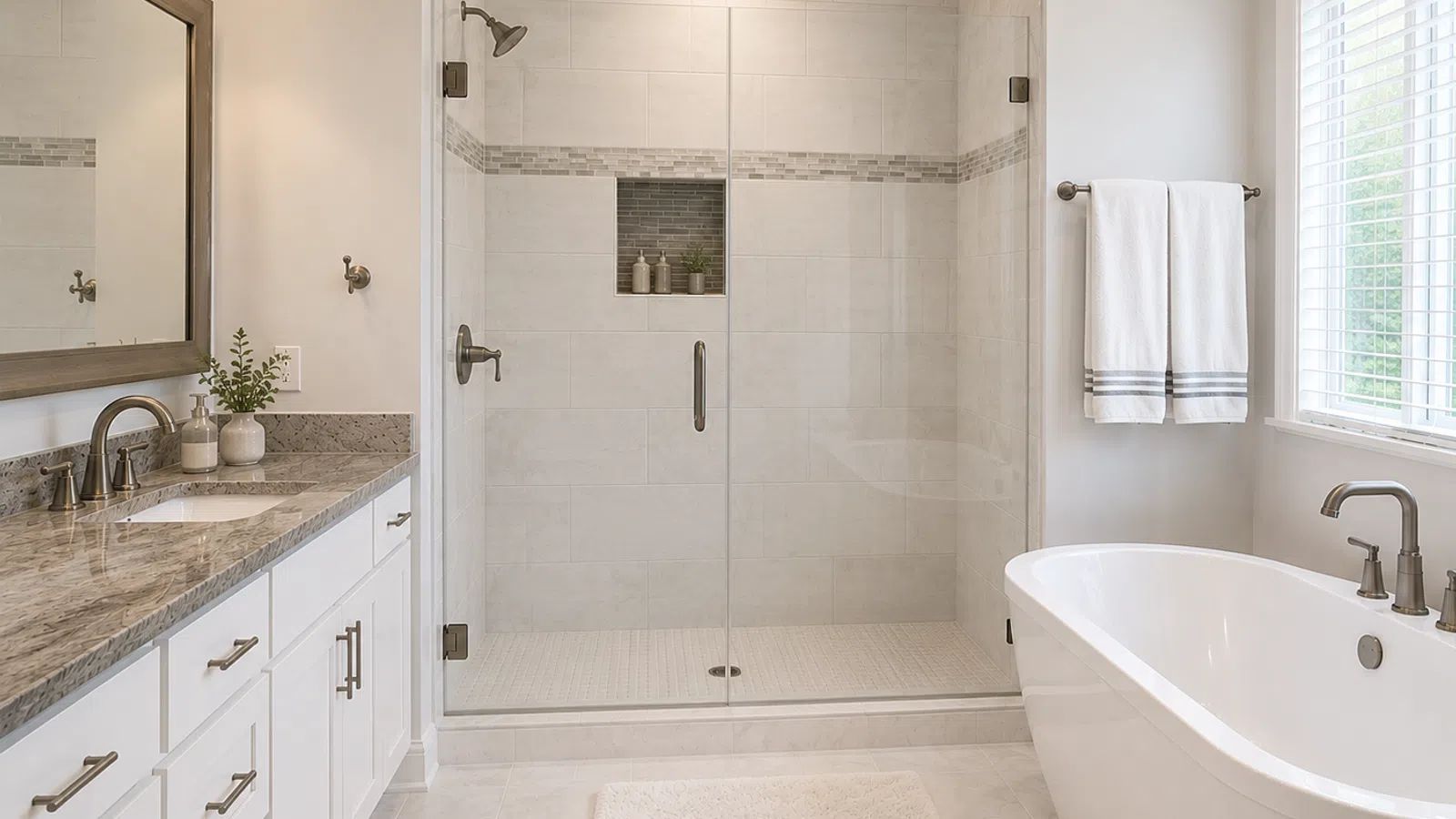 Modern bathroom with white vanity, granite countertop, glass shower, freestanding tub, and natural lighting.