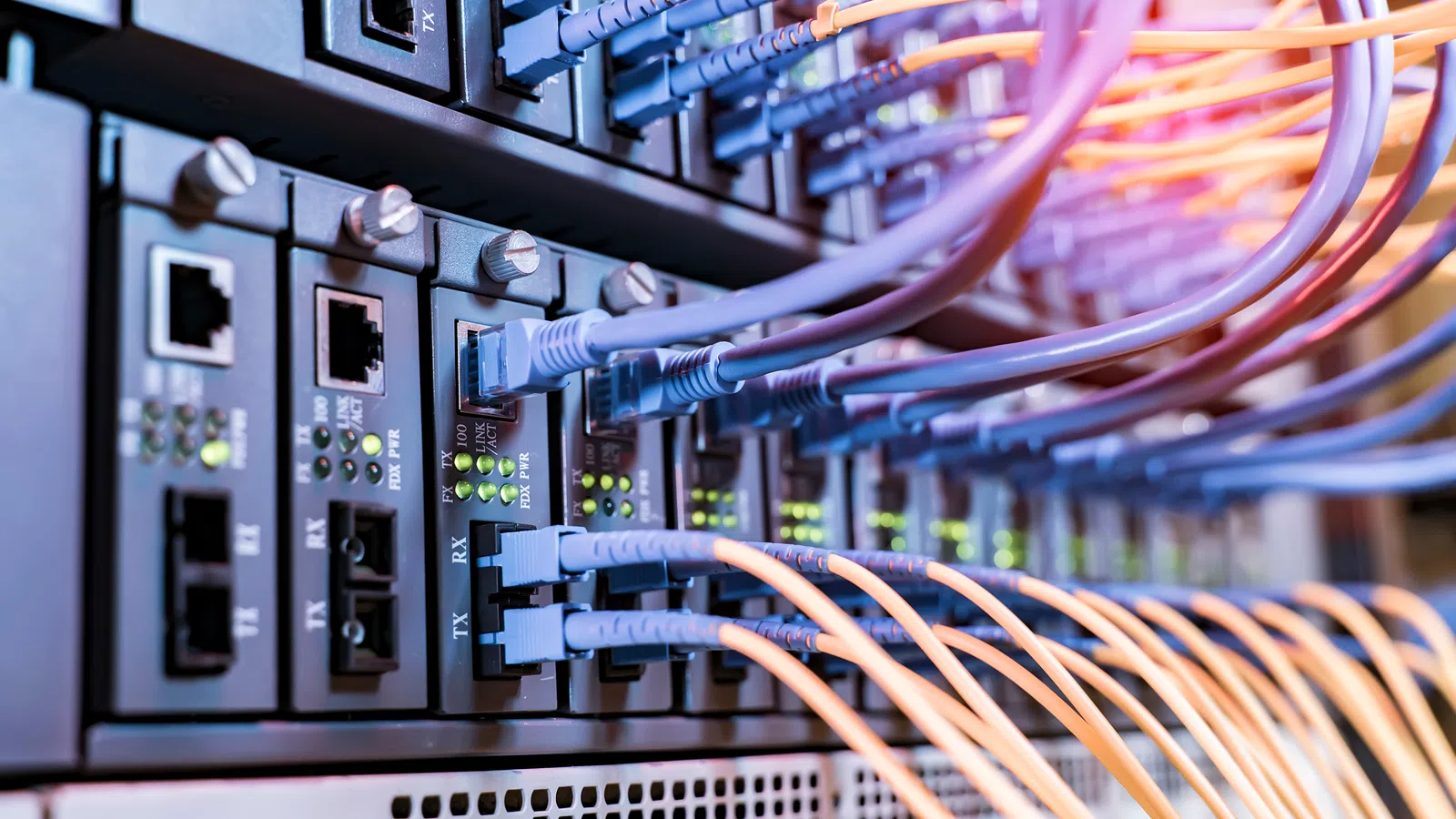 Close-up of network switches with multiple connected Ethernet cables and active green indicator lights