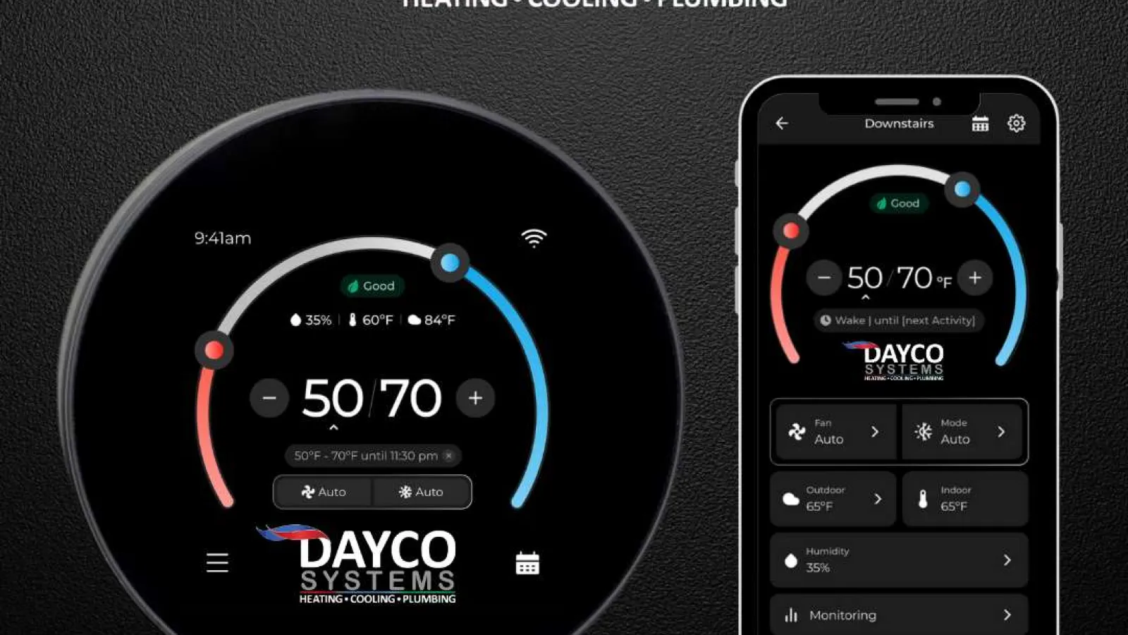 Dayco Systems heating, cooling, and plumbing smart thermostat display and smartphone app interface with temperature settings.