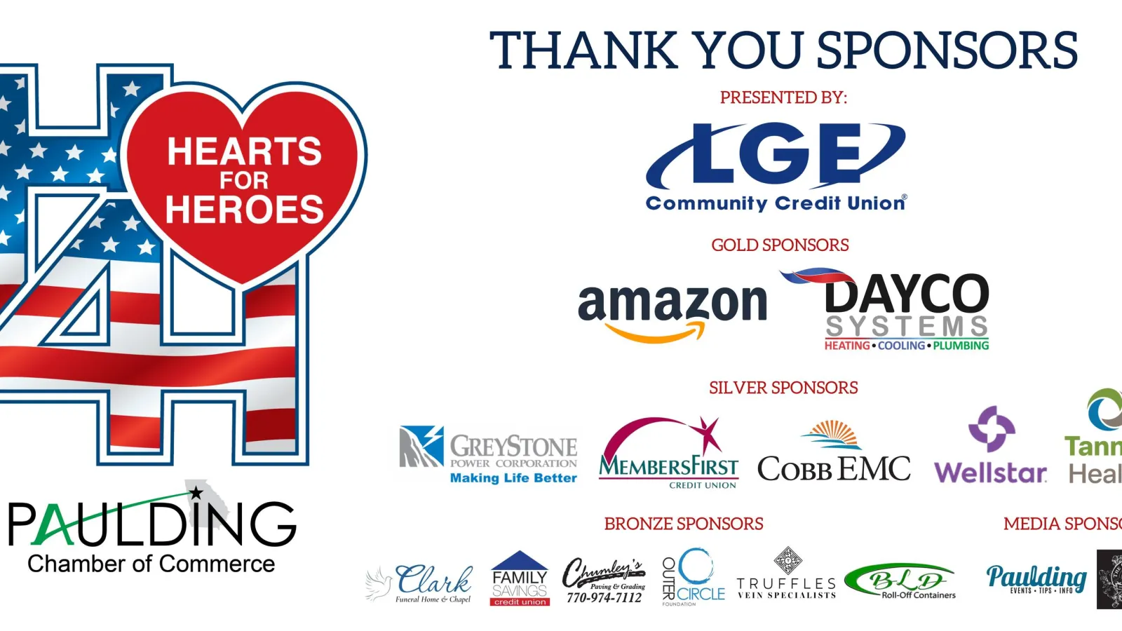 Hearts for Heroes event sponsors including LGE Community Credit Union, Amazon, Dayco Systems, and others with patriotic branding.