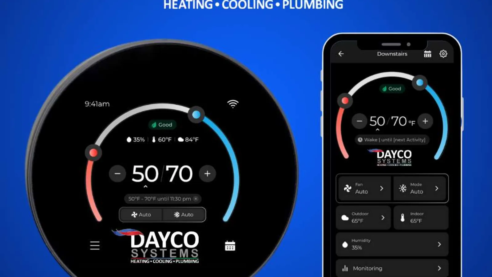 Dayco Systems heating cooling plumbing smart thermostat and app interface with temperature controls 50 to 70 degrees