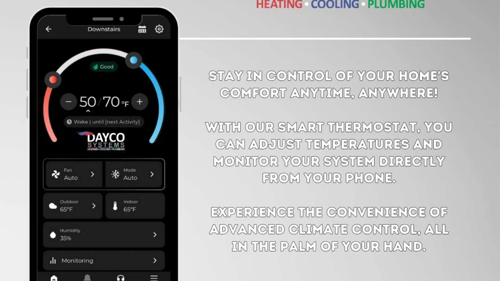 Smart thermostat app on phone with temperature controls for heating, cooling, and plumbing by Dayco Systems.
