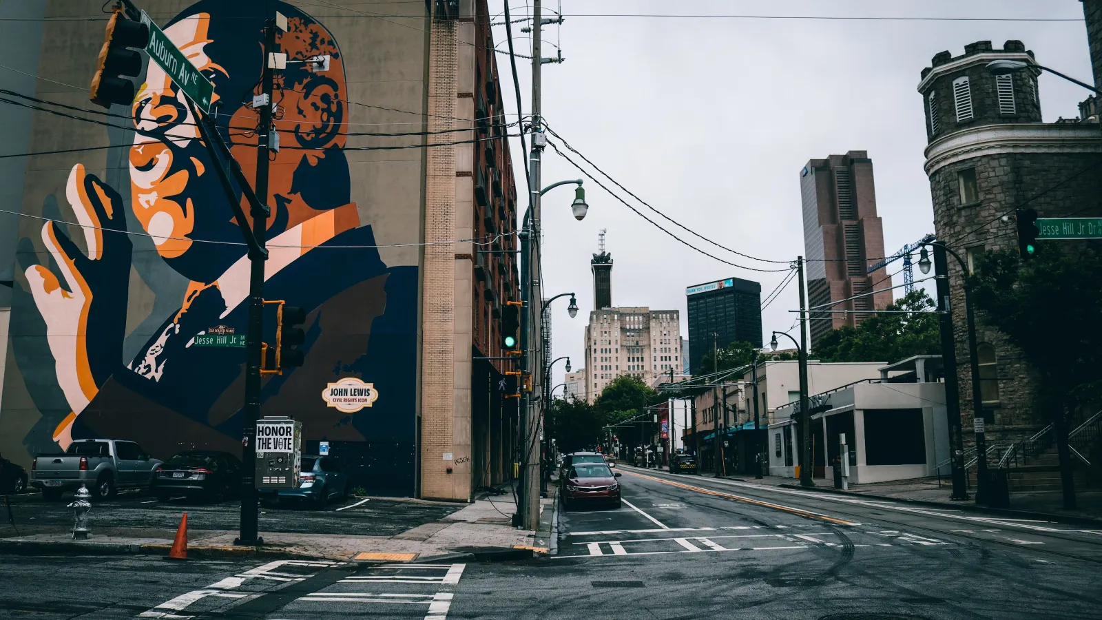 a street with a large mural on it