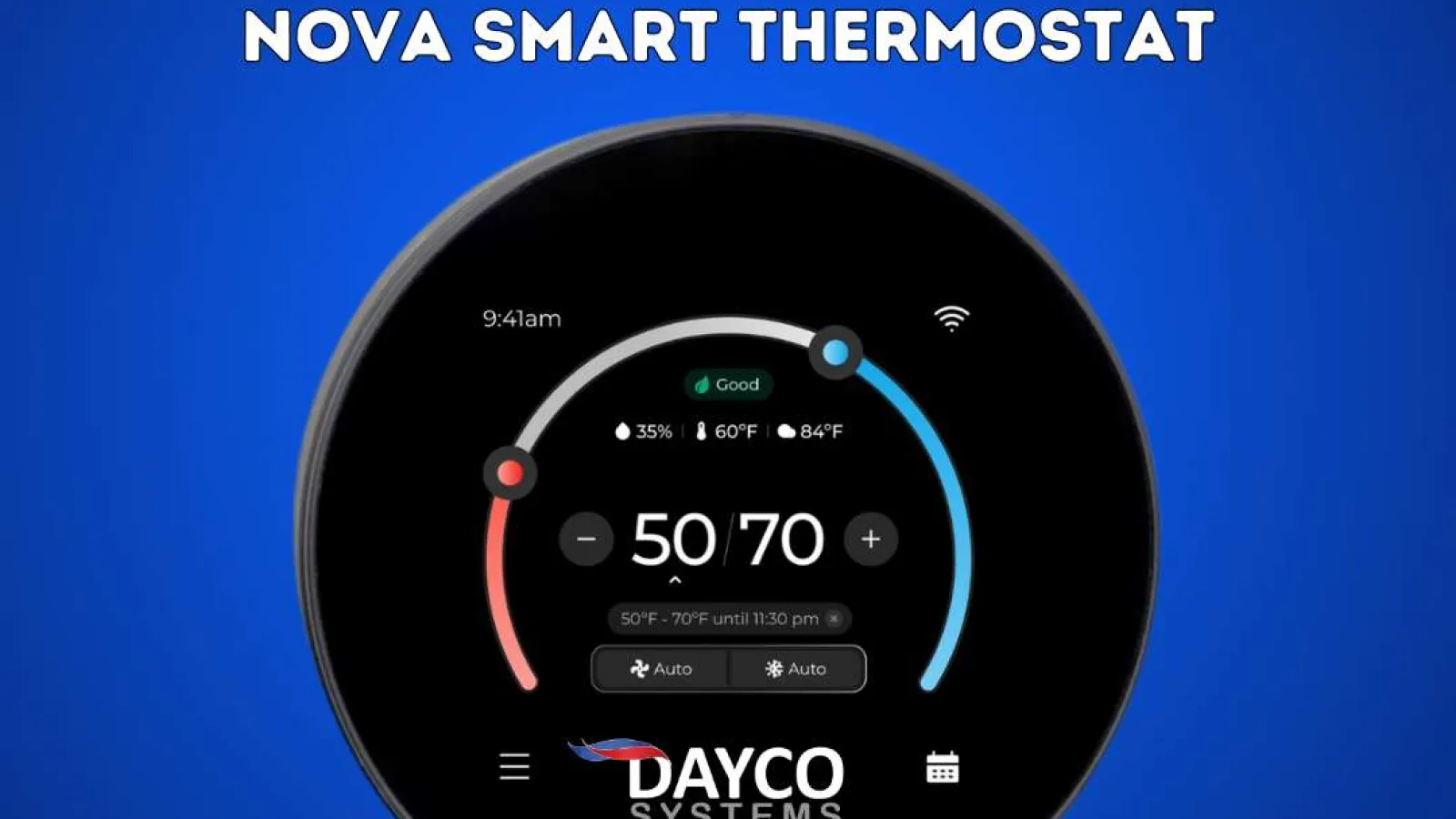 Dayco Systems Nova Smart Thermostat on blue background with temperature controls and contact information.