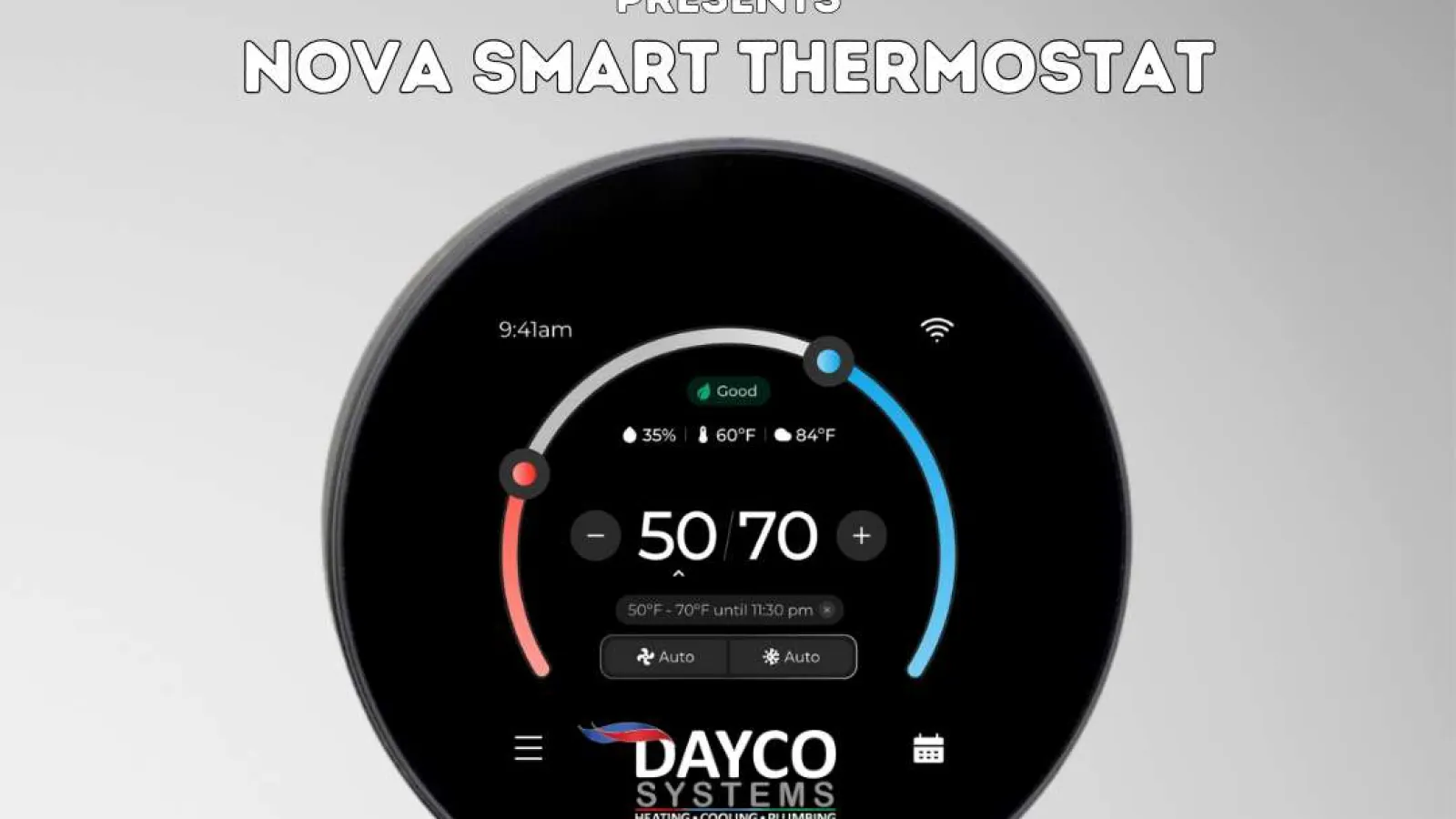 Dayco Systems Nova Smart Thermostat with digital display showing temperature controls and settings on black circular interface.