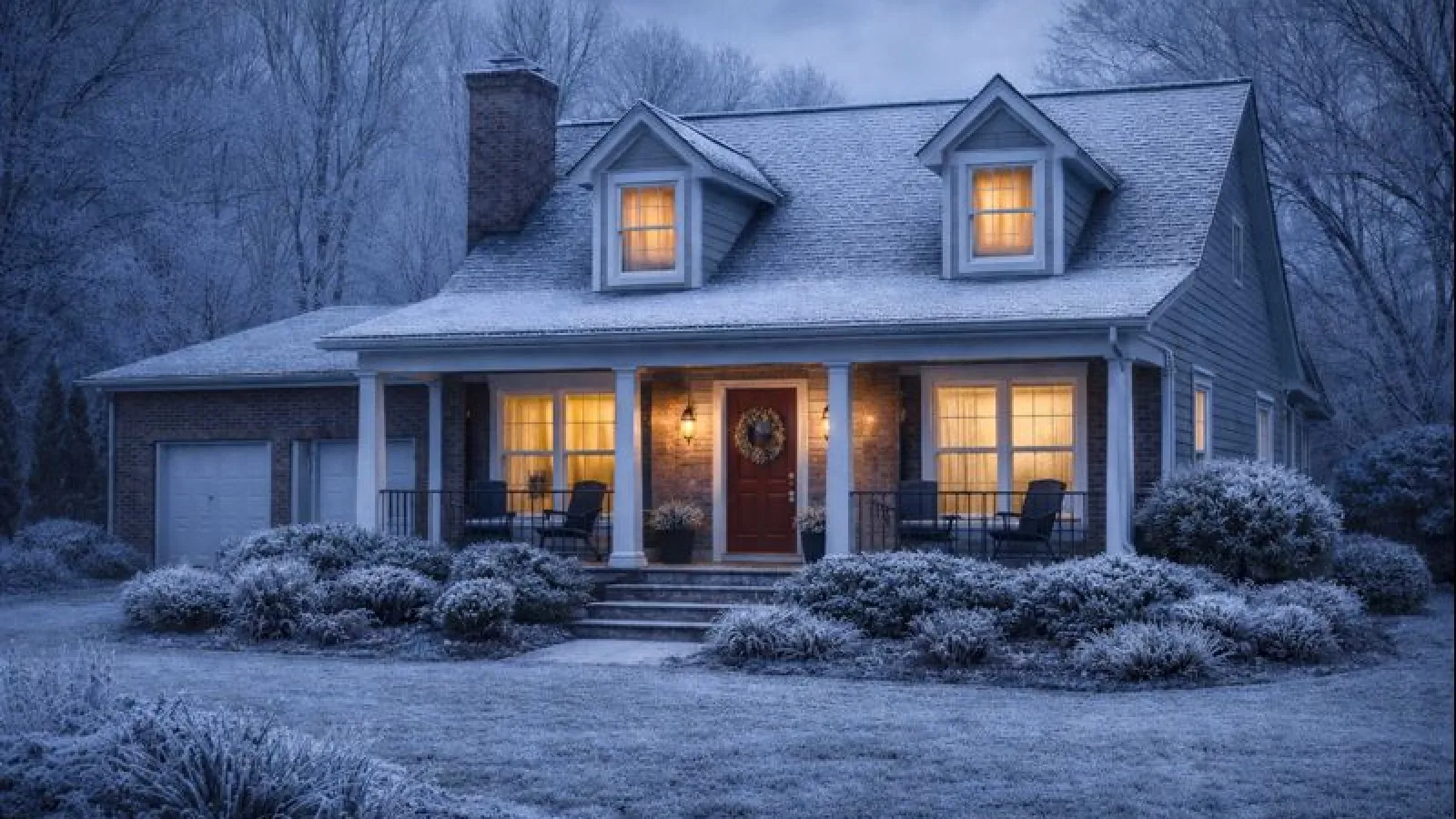 Cozy house with warm lights, snow-covered yard, frosted trees, and a wreath on the front door at dusk.