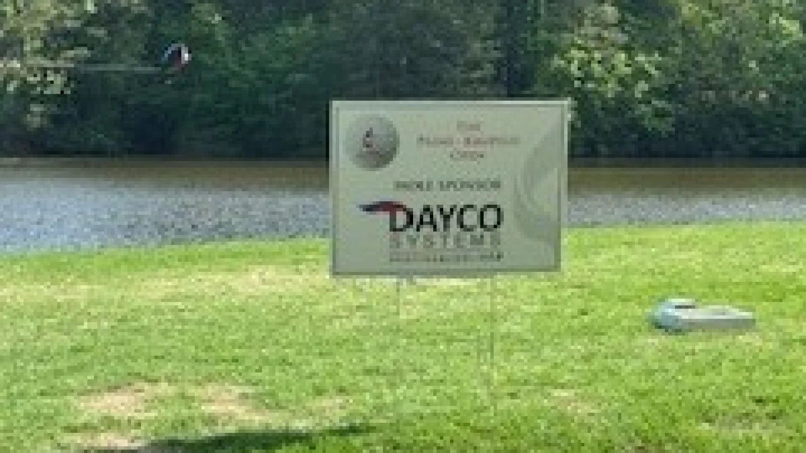 Green grassy field with a signboard for Dayco Systems near a calm river and dense forest trees under clear sky