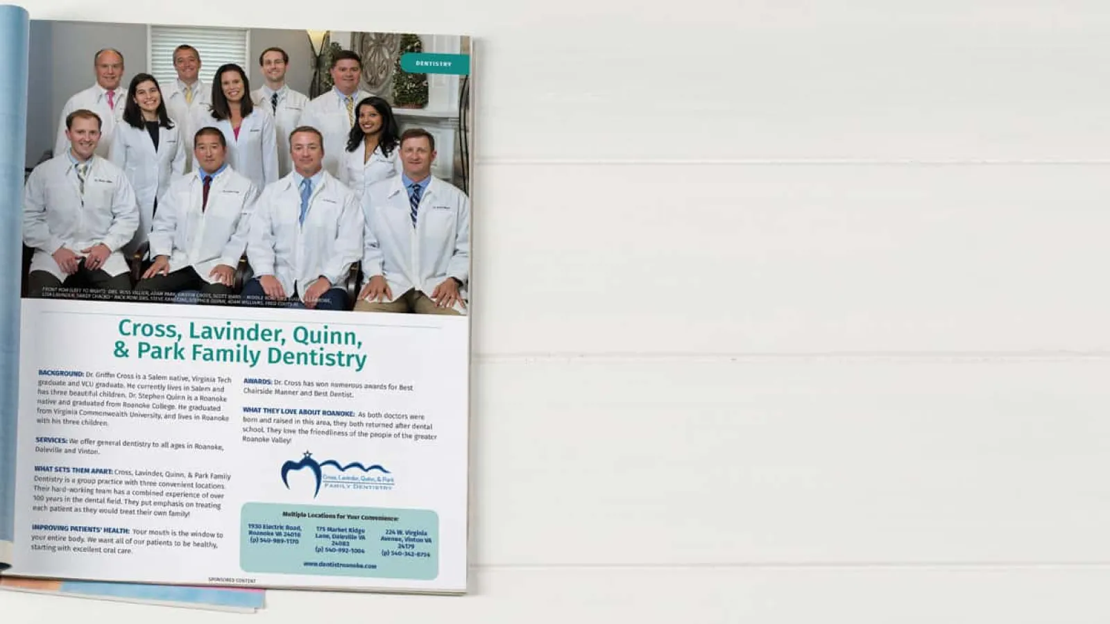 Magazine ad for Cross, Lavinder, Quinn & Park Family Dentistry featuring team photo and dental care information.