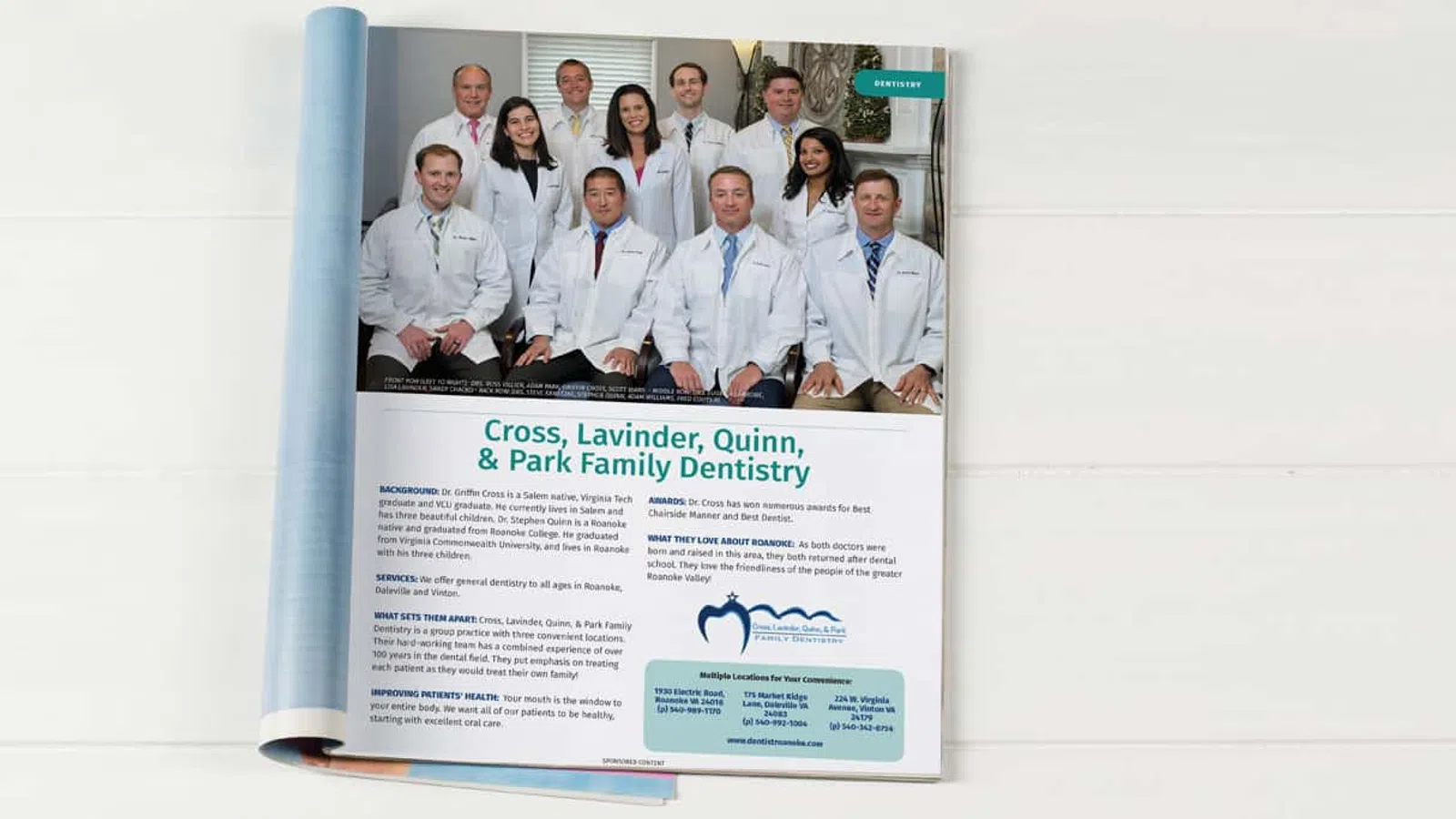Magazine ad for Cross, Lavinder, Quinn & Park Family Dentistry featuring team photo and dental care information.