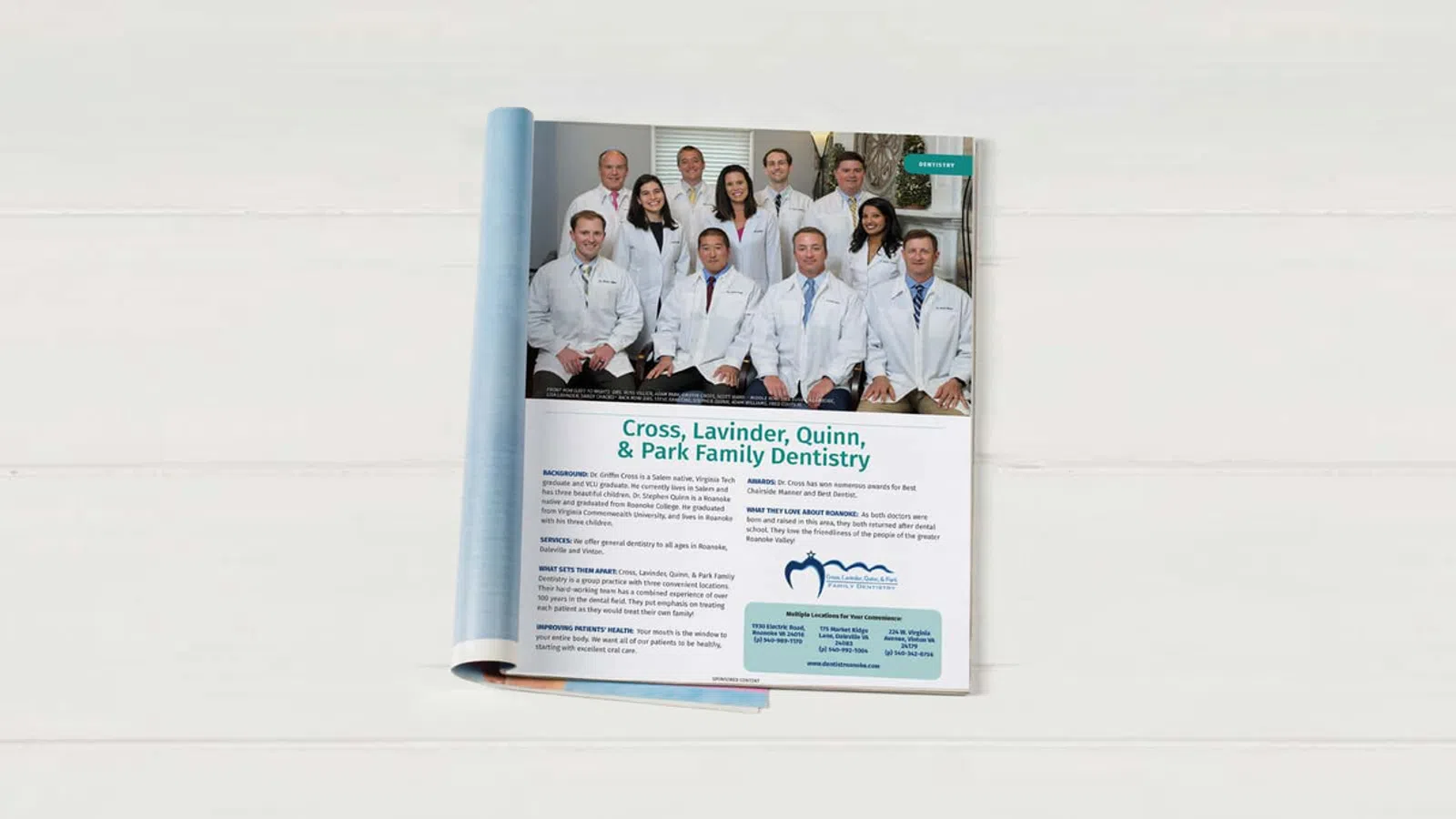 Magazine page featuring a team photo of dentists from Cross, Lavinder, Quinn & Park Family Dentistry with text and logo.