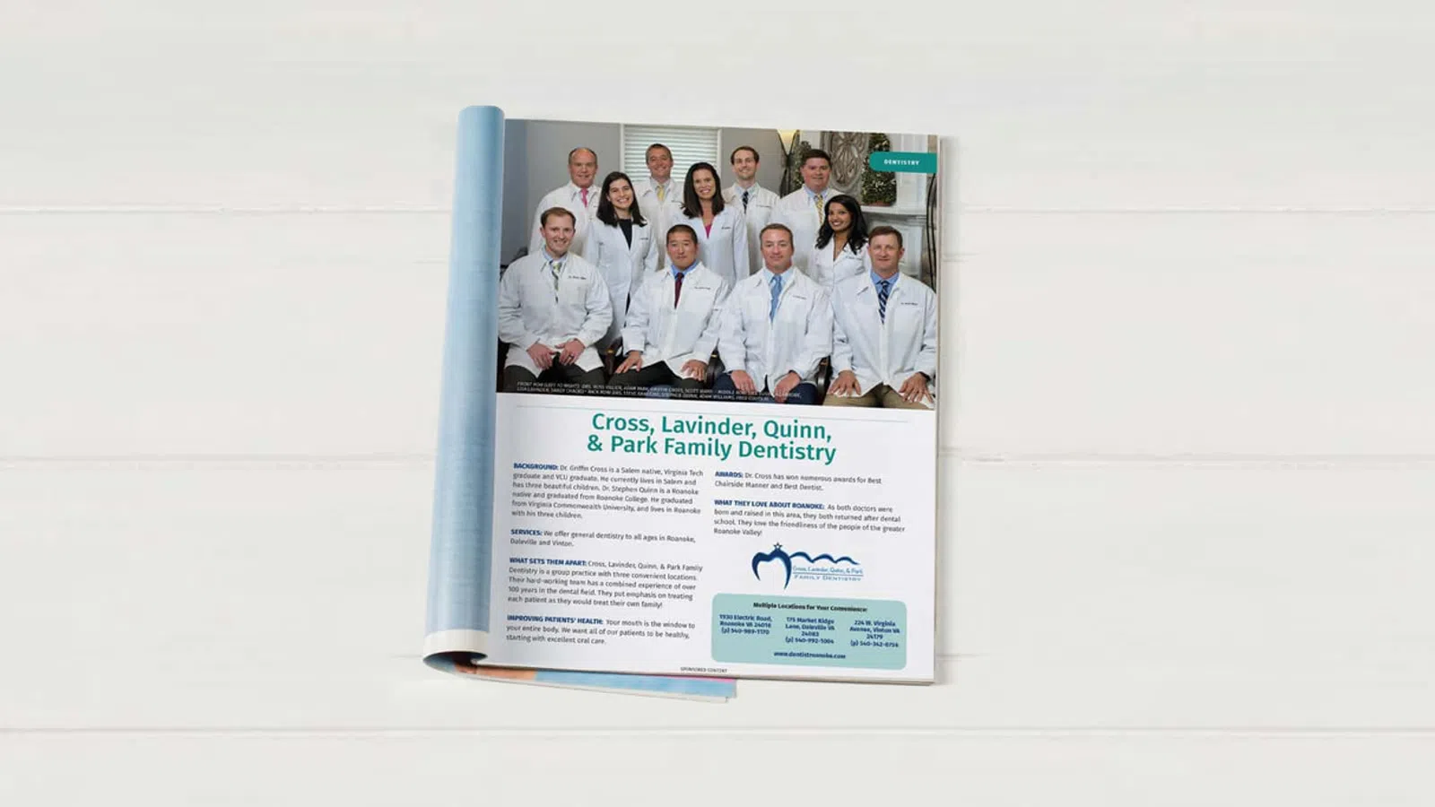 Magazine page featuring a team photo of dentists from Cross, Lavinder, Quinn & Park Family Dentistry with text and logo.