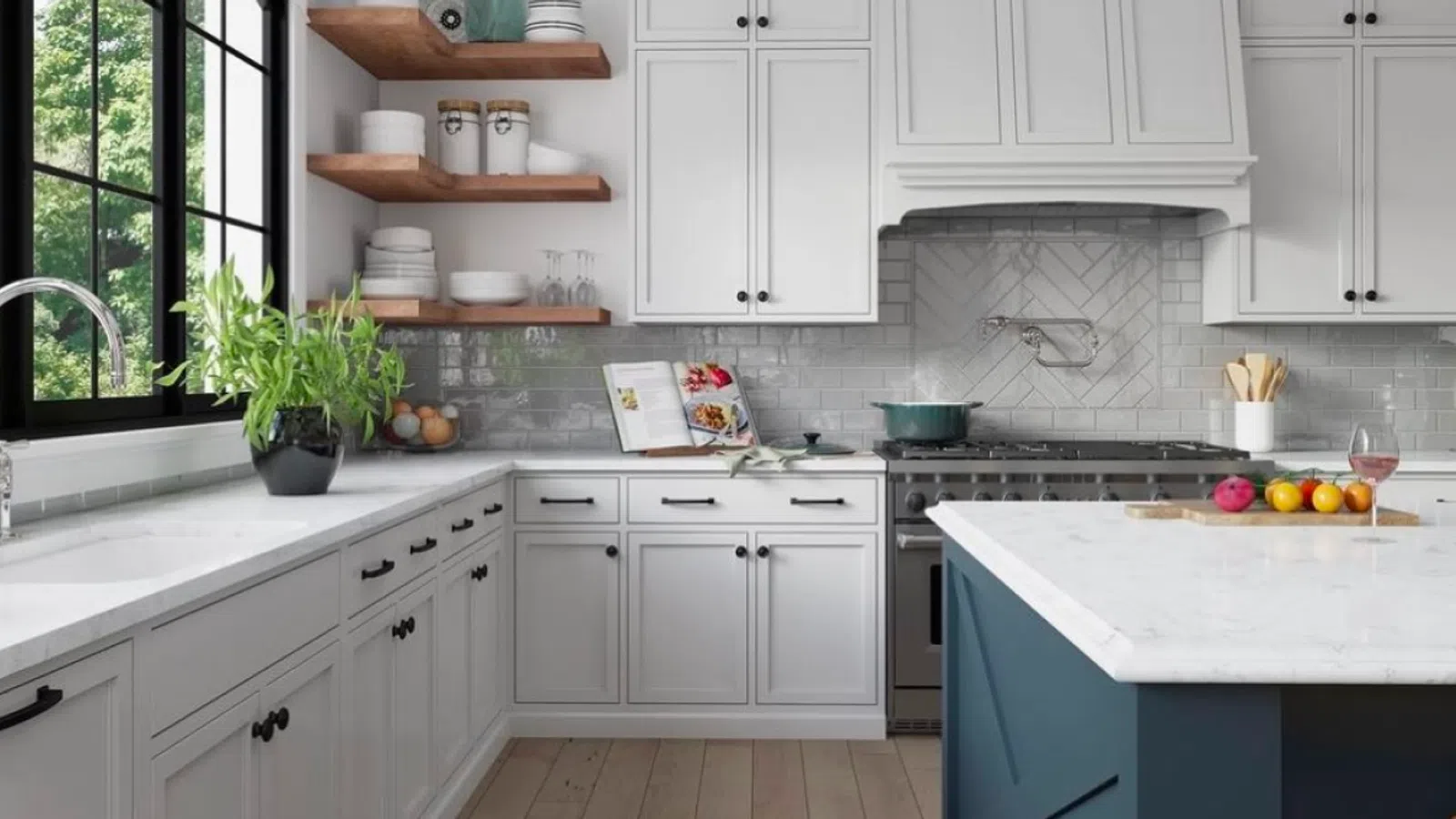 a kitchen with white cabinets