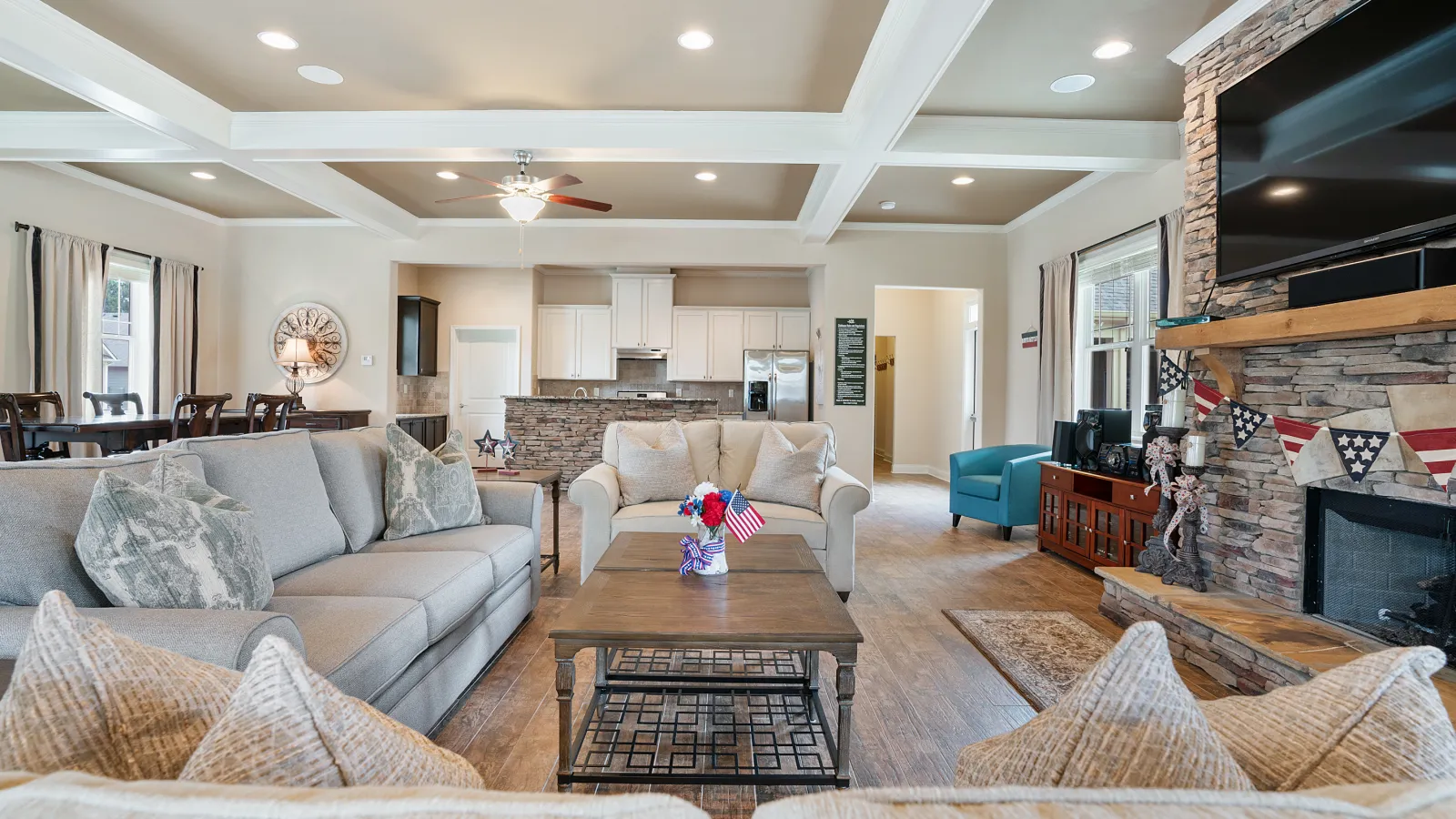 a living room with a fireplace