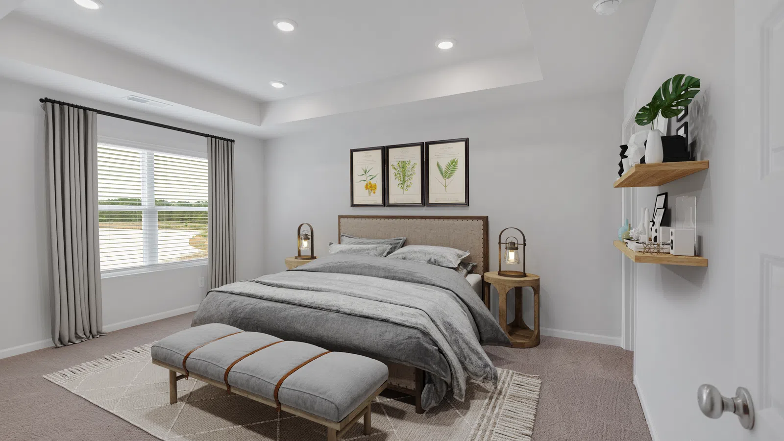 Modern bedroom featuring gray bedding, decorative plants, and natural light from a window.