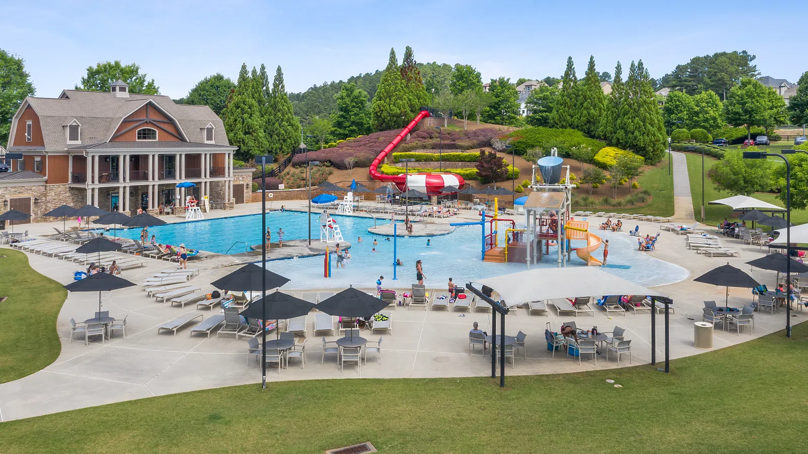 a swimming pool with people in it