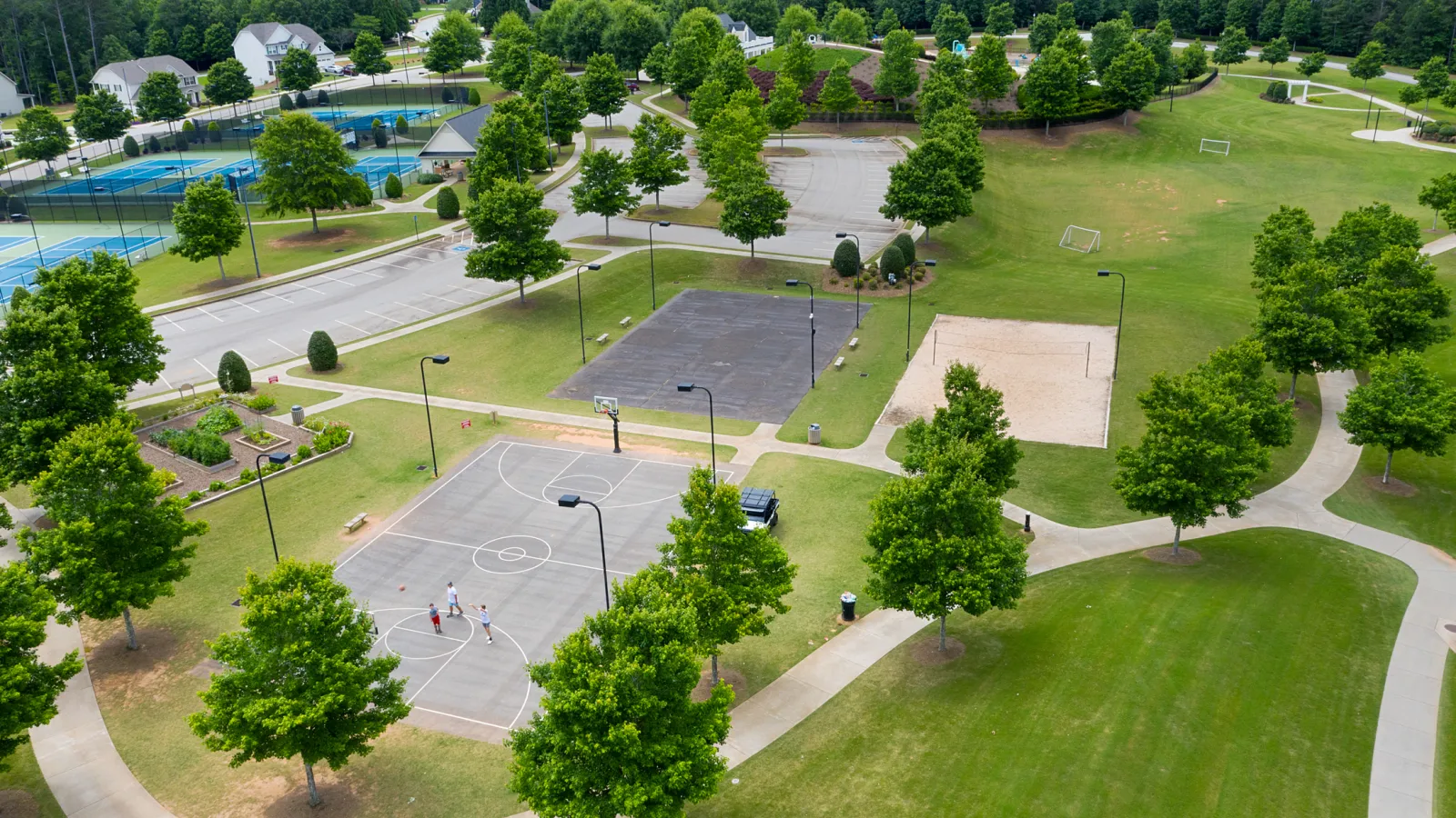 a park with a swimming pool