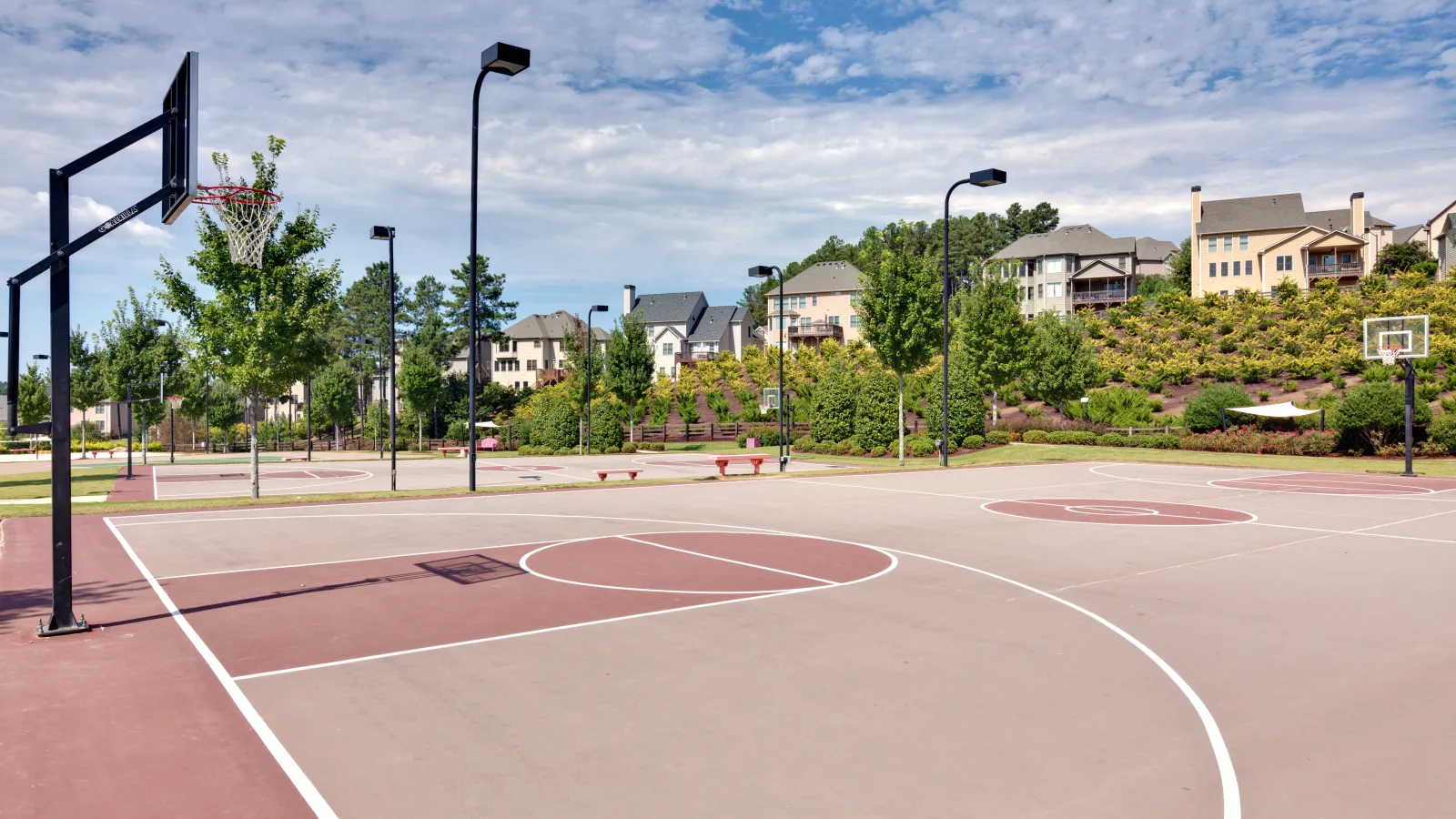 a basketball court with a basketball hoop