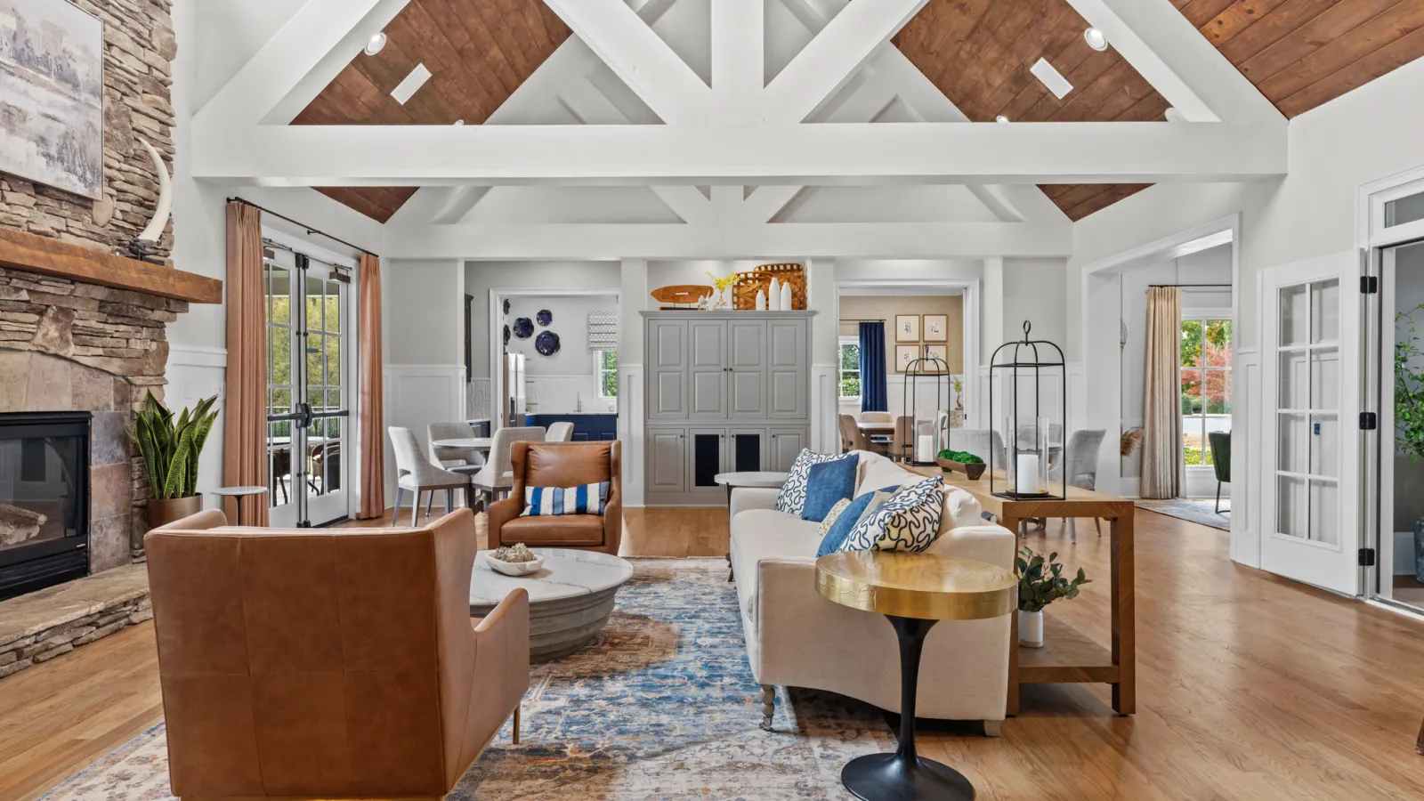 a living room with a fireplace