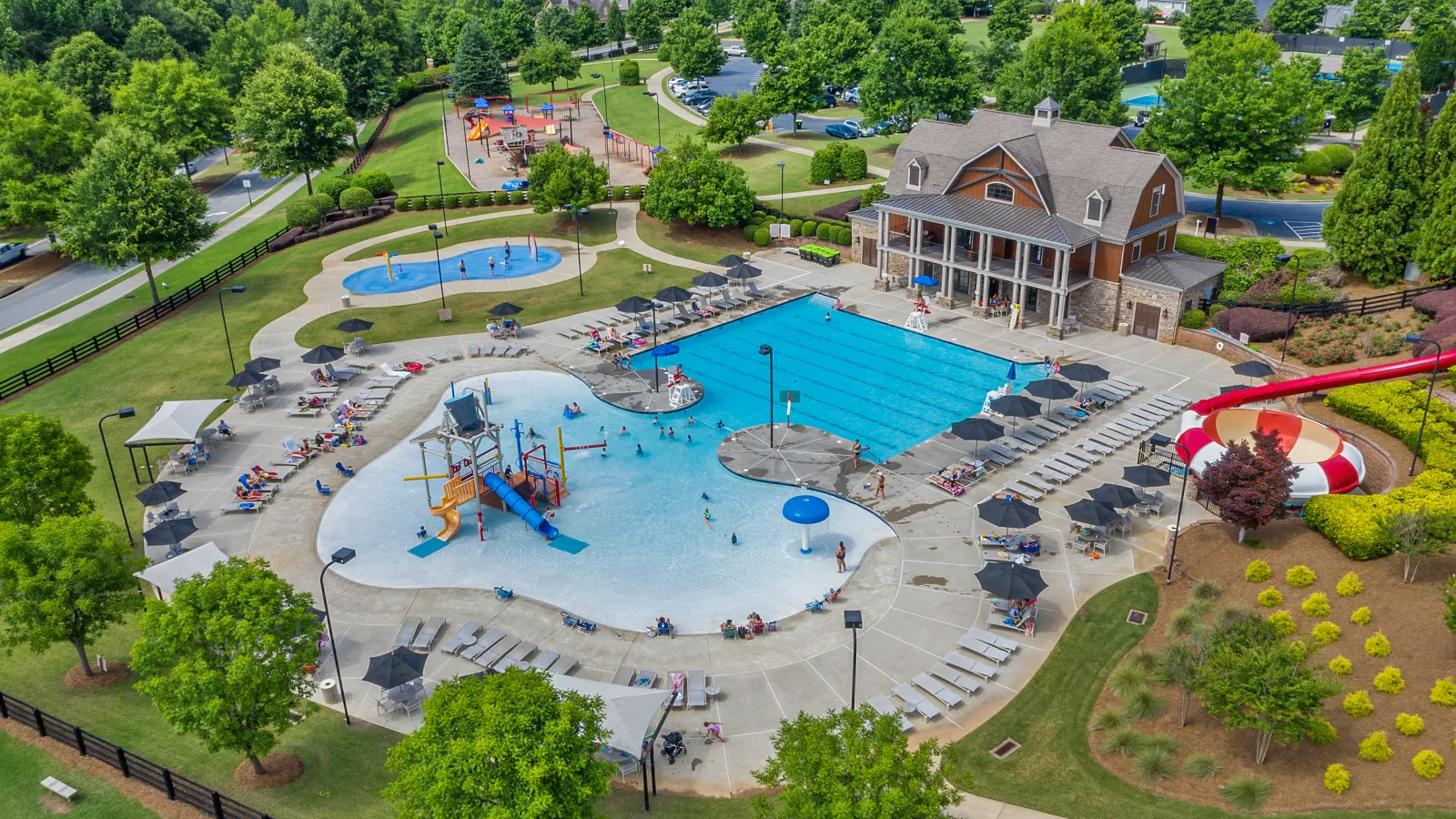 a swimming pool with people in it