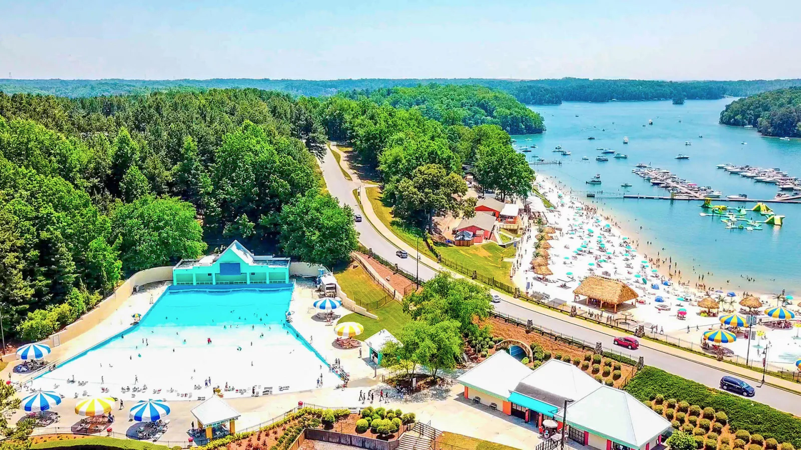 a resort with a pool and trees