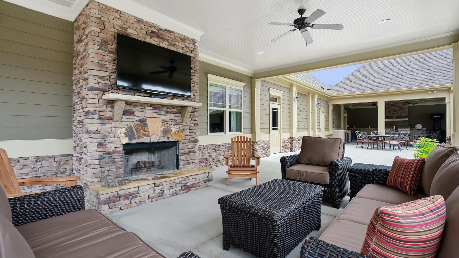 a living room with a fireplace