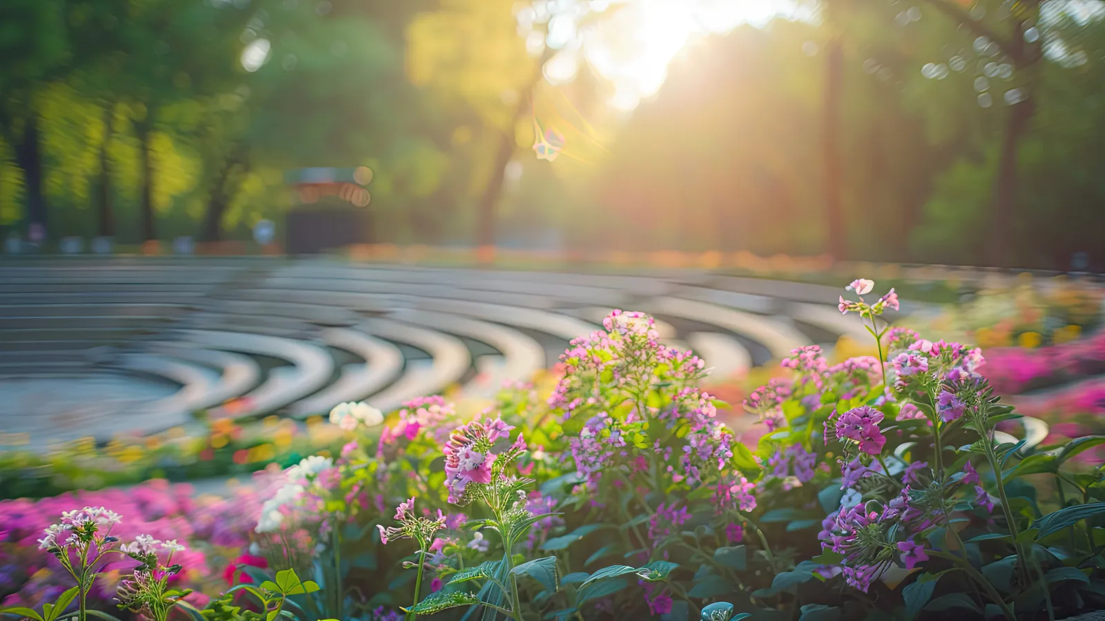 a flower bed in front of a road