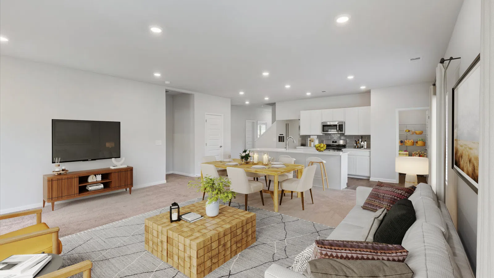 Bright open concept living and dining area with modern furniture, kitchen, and neutral decor in a spacious home.