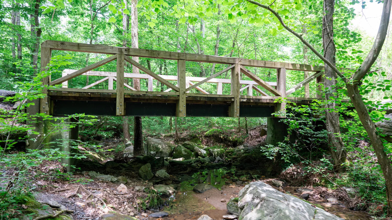 a wooden bridge over a creek