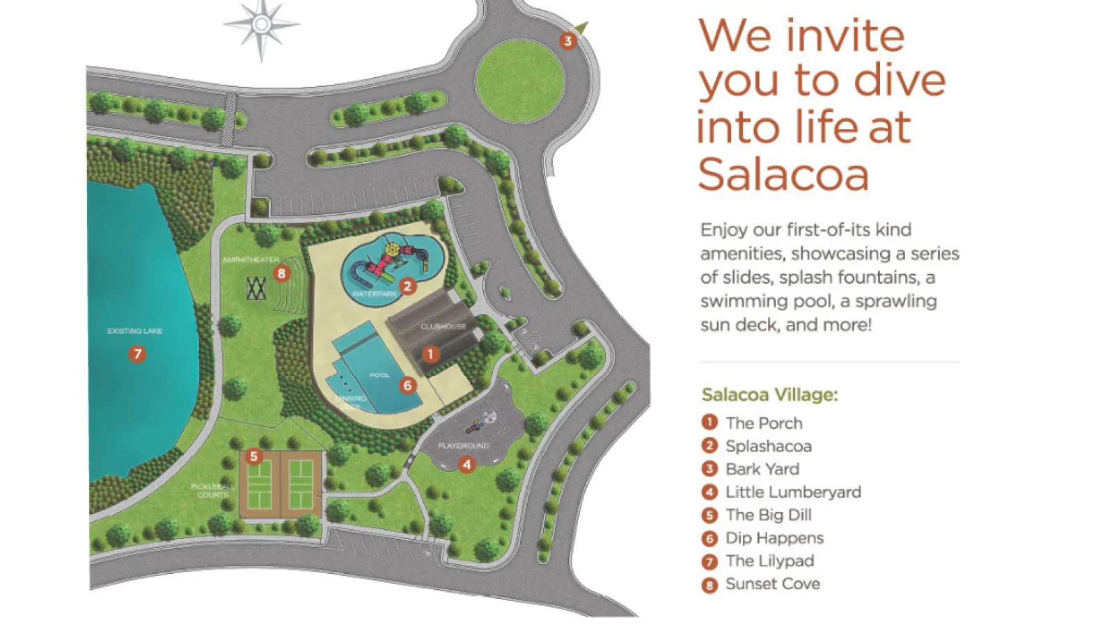 Map of Salacoa Village amenities including pool, splash fountain, playground, amphitheater, tennis courts, and lake.