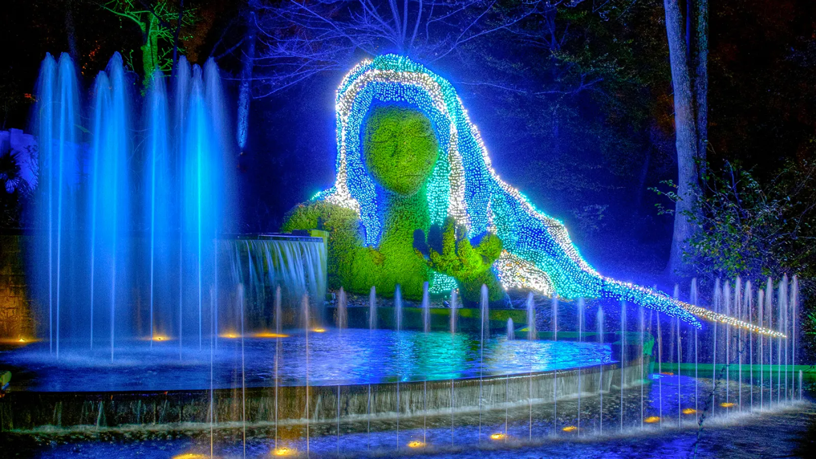 a fountain with blue lights