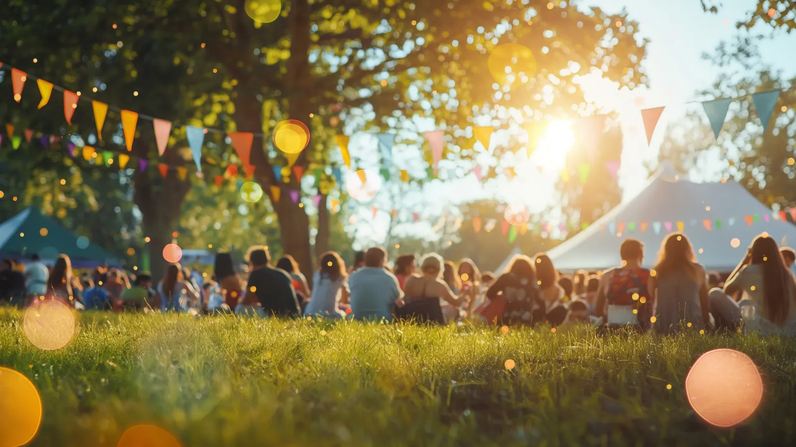 a group of people sitting in a grassy field with a tree and a bright sun