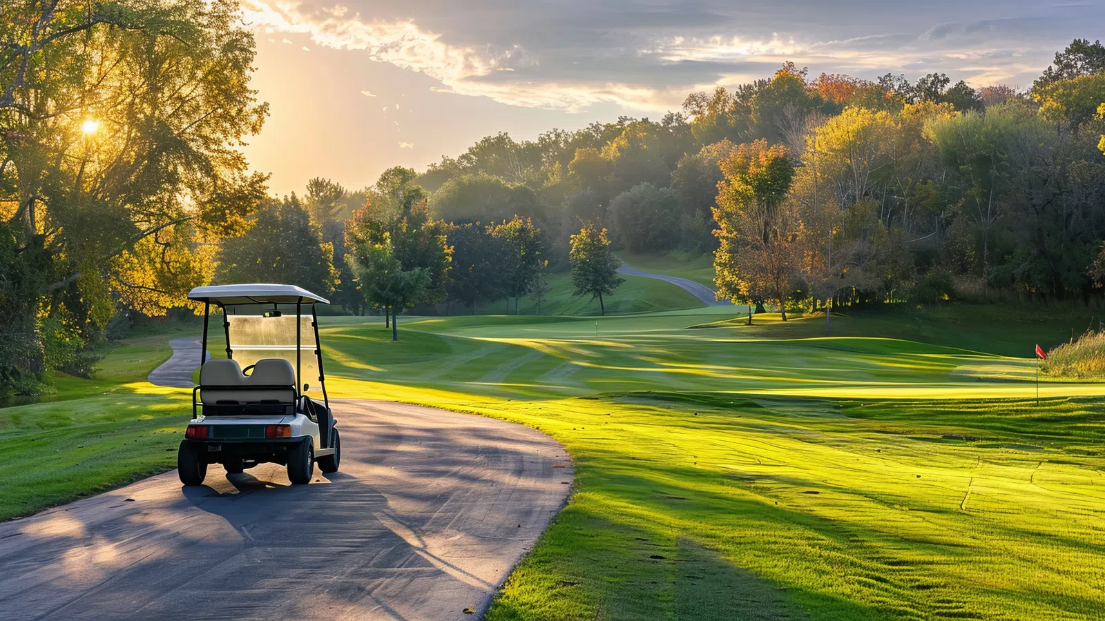 Golf cart on winding path at sunrise with green fairway and trees in a peaceful golf course landscape.