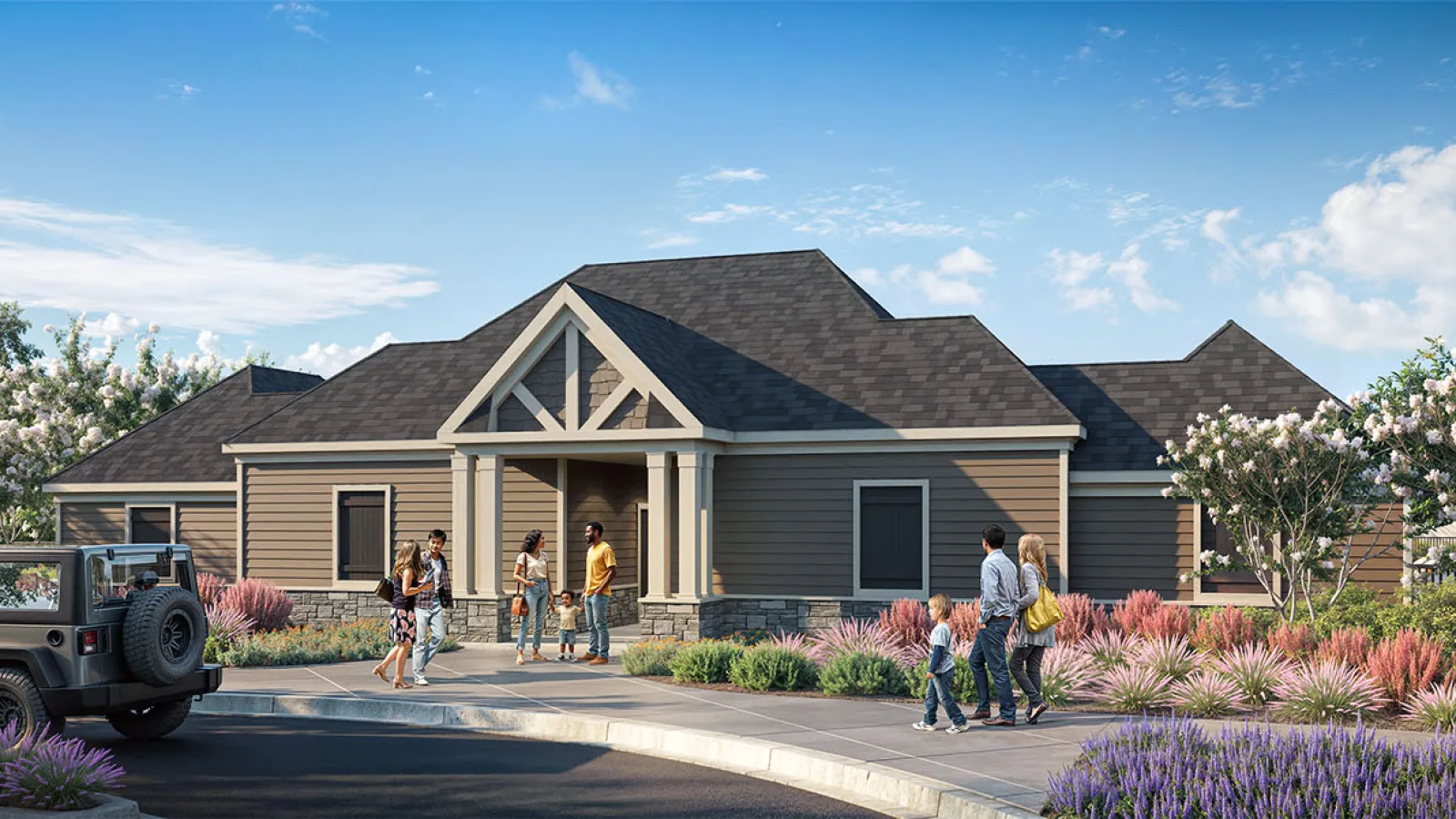 a group of people walking outside a house