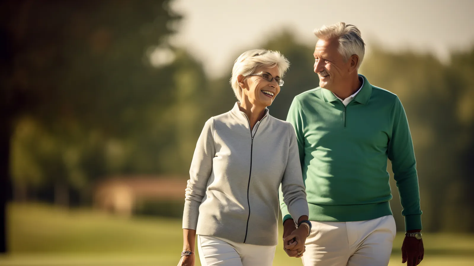 a man and a woman walking on a golf course