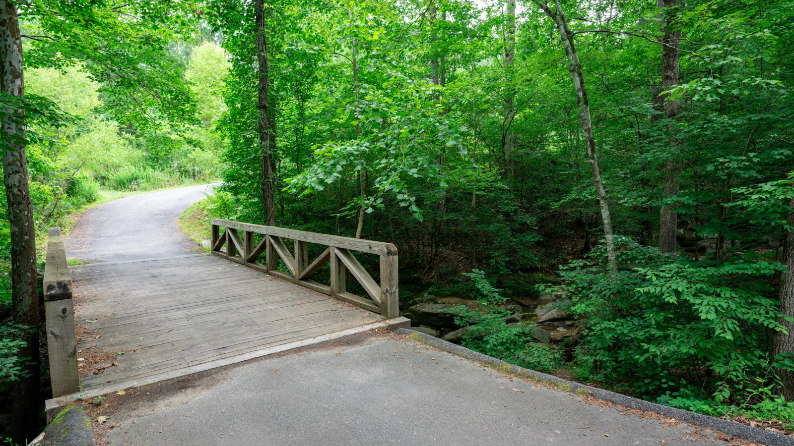 a wooden bridge over a road