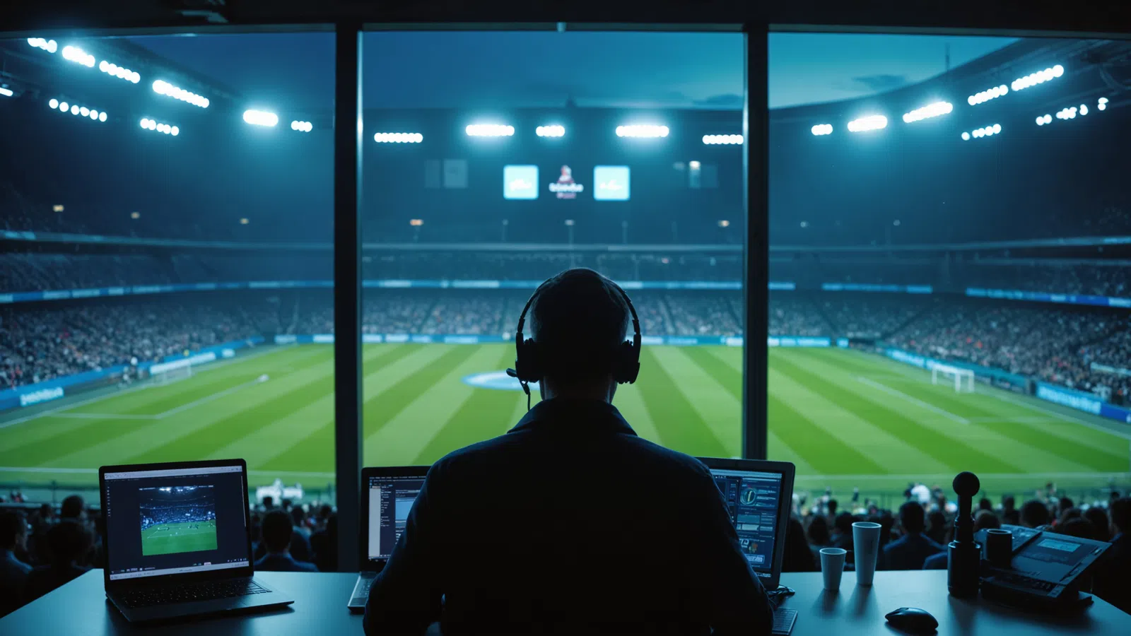 Broadcaster wearing headphones working with multiple screens overlooking a brightly lit football stadium at night