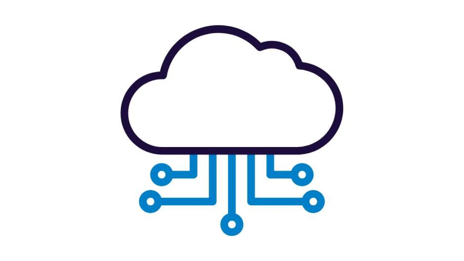 Minimalist cloud icon with blue circuit lines representing cloud computing and technology connection.