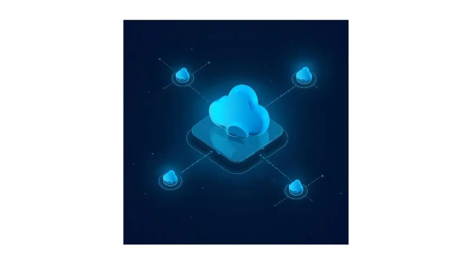 Glowing blue cloud icons connected by lines representing cloud computing and data network technology.