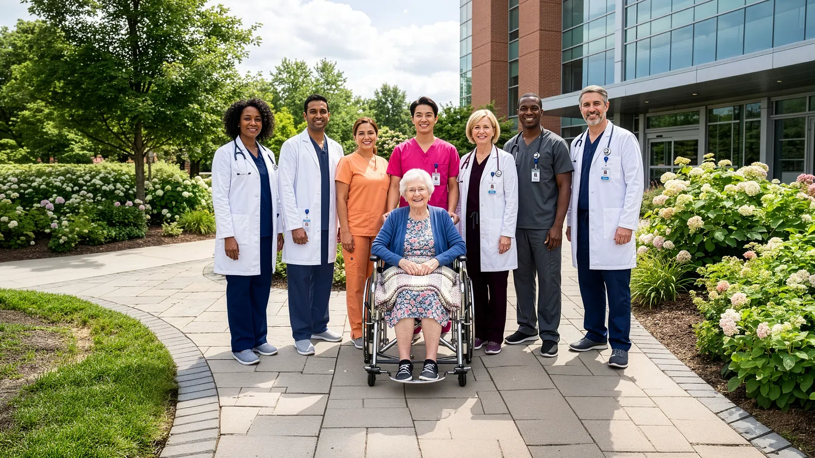 Diverse medical team standing outdoors around a smiling elderly woman in wheelchair near hospital entrance.