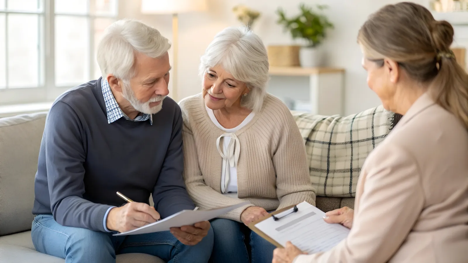 Senior couple discussing documents with a female advisor in a cozy living room setting