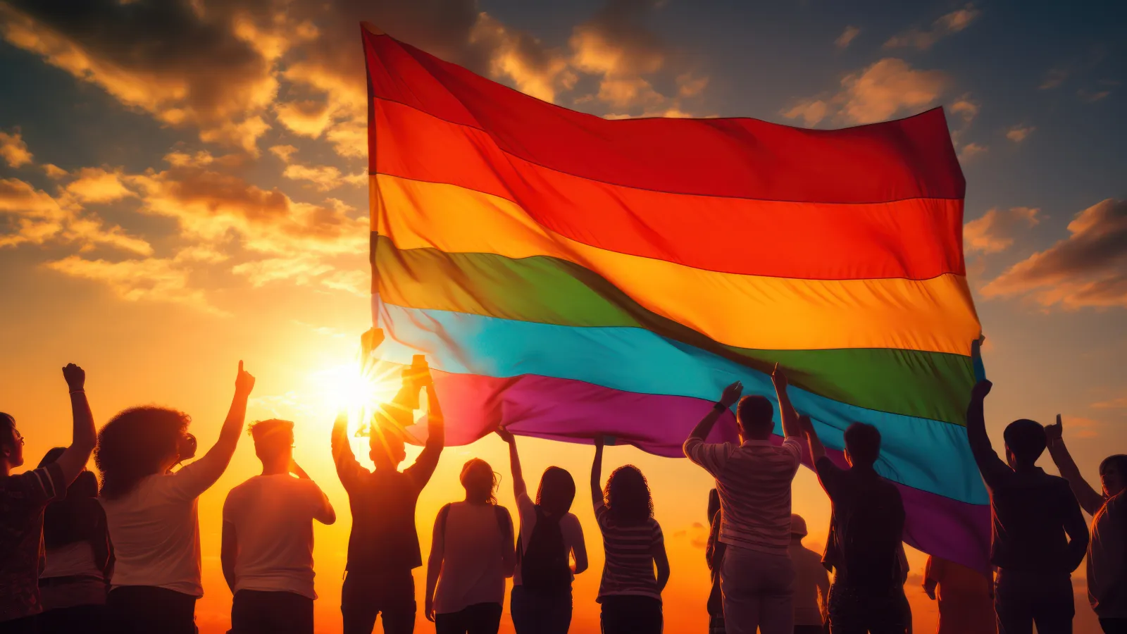 Silhouettes of people holding a rainbow flag against a vibrant sunset sky.