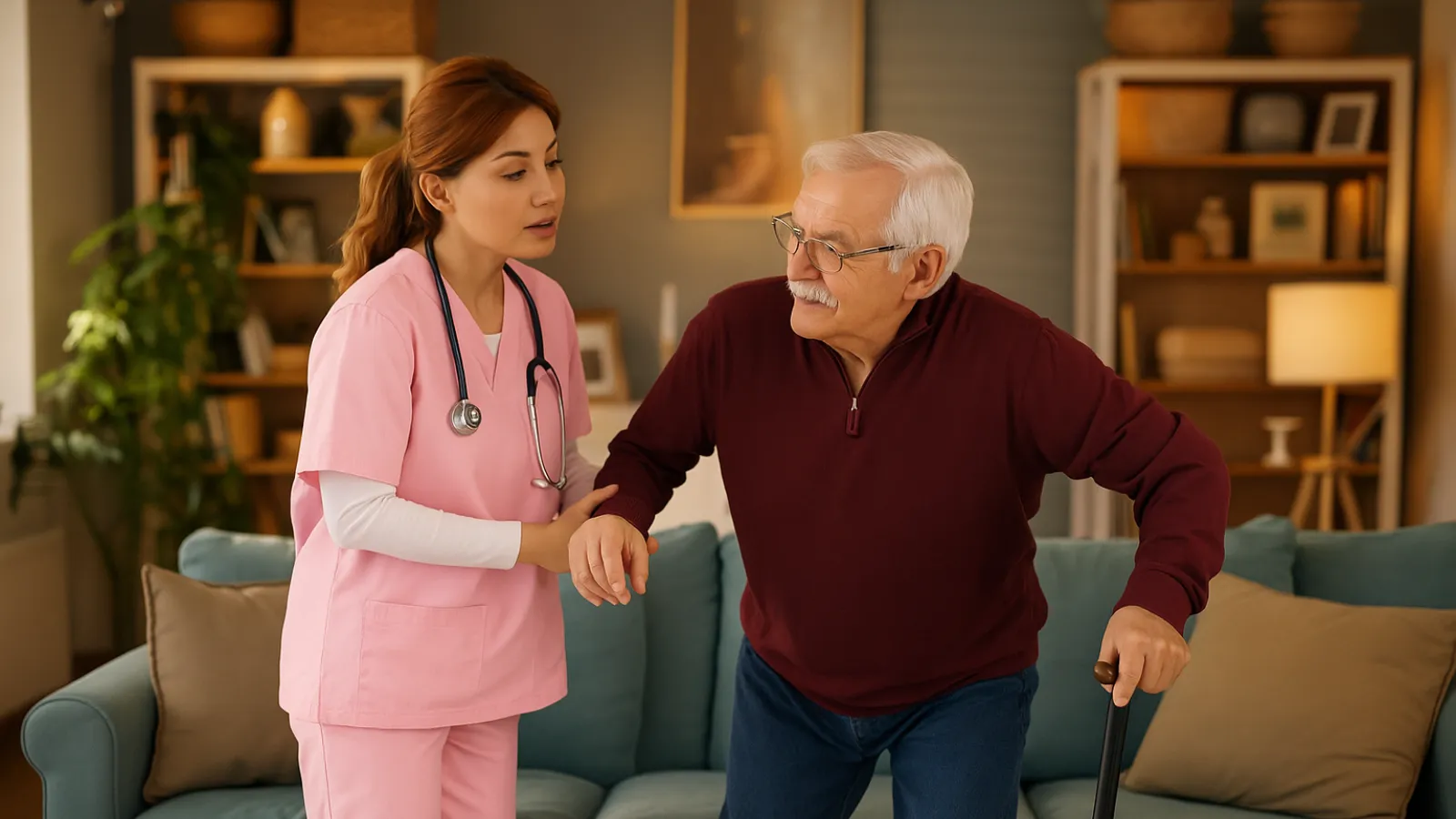 Female nurse in pink scrubs assisting elderly man with cane to stand up from a couch at home