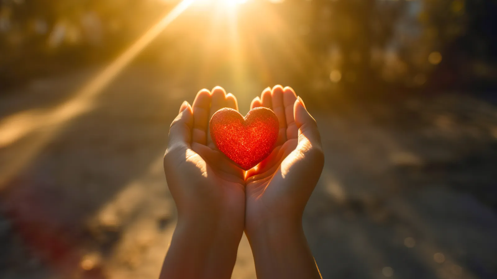 Hands holding a red heart shape glowing warmly in sunset light with blurred background.